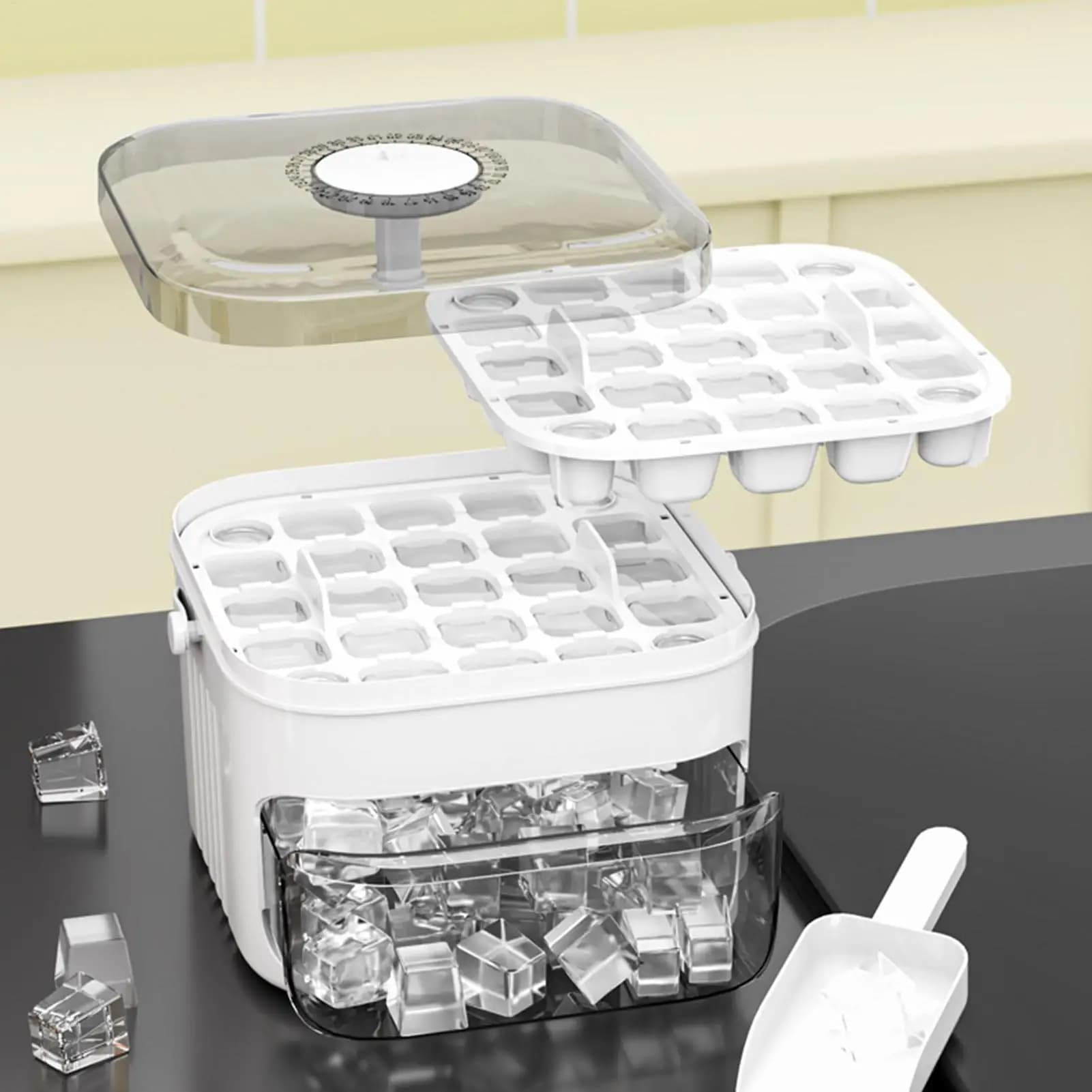 Double Layer Ice Cube Tray with Lid and Bin Pull-Out Ice Drawer with Portable Handle Kitchen Accessories Gadgets Reusable