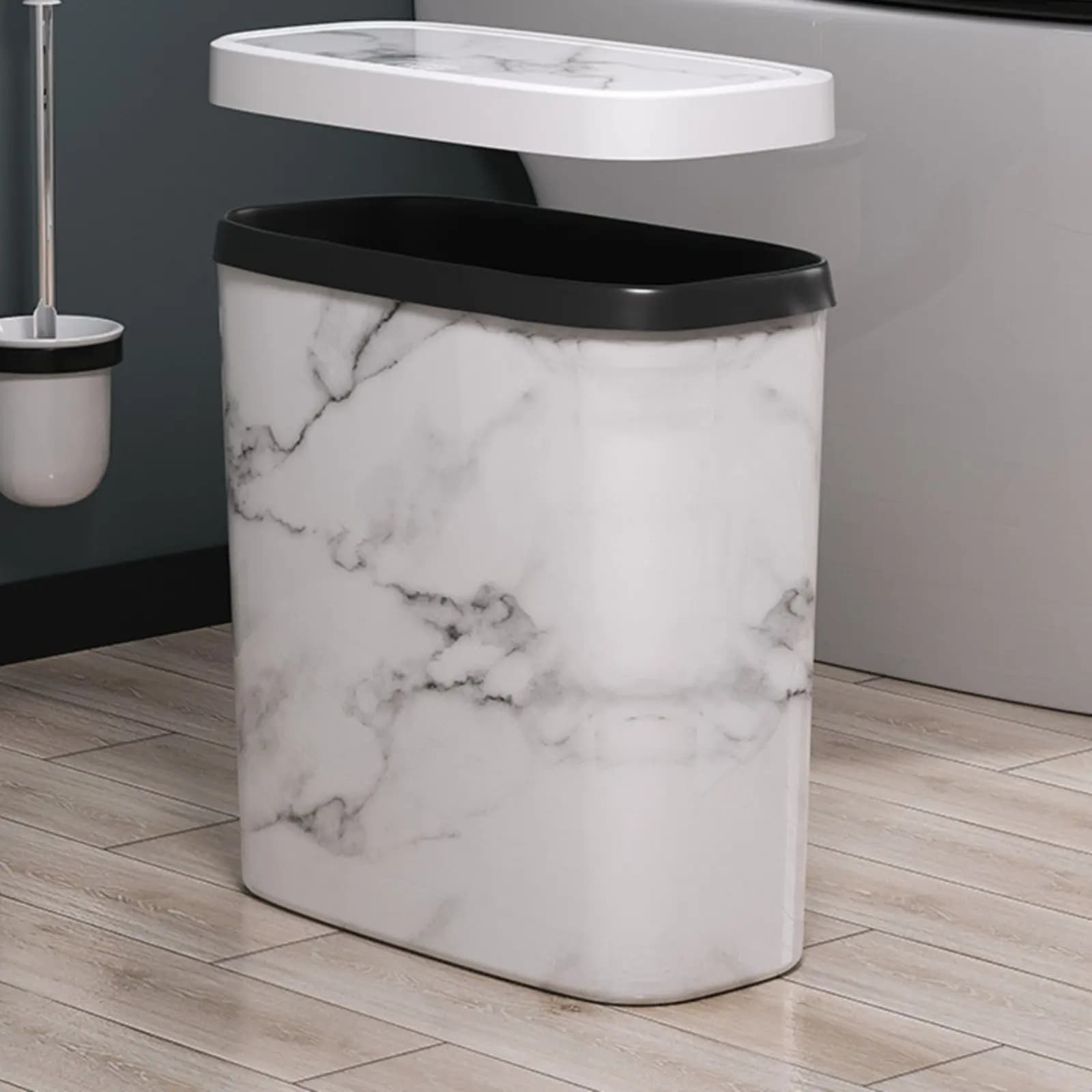 Cestino per Rifiuti con Coperchio Effetto Marmo, Contenitore Sottile in Plastica, Facile da Pulire, Leggero per l'Uso Domestico