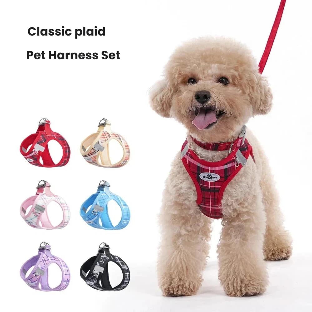 Adjustable Plaid Dog Harness Leash Set 3Pcs with Bow Tie - Matching Pet Walking Gear for All Breeds