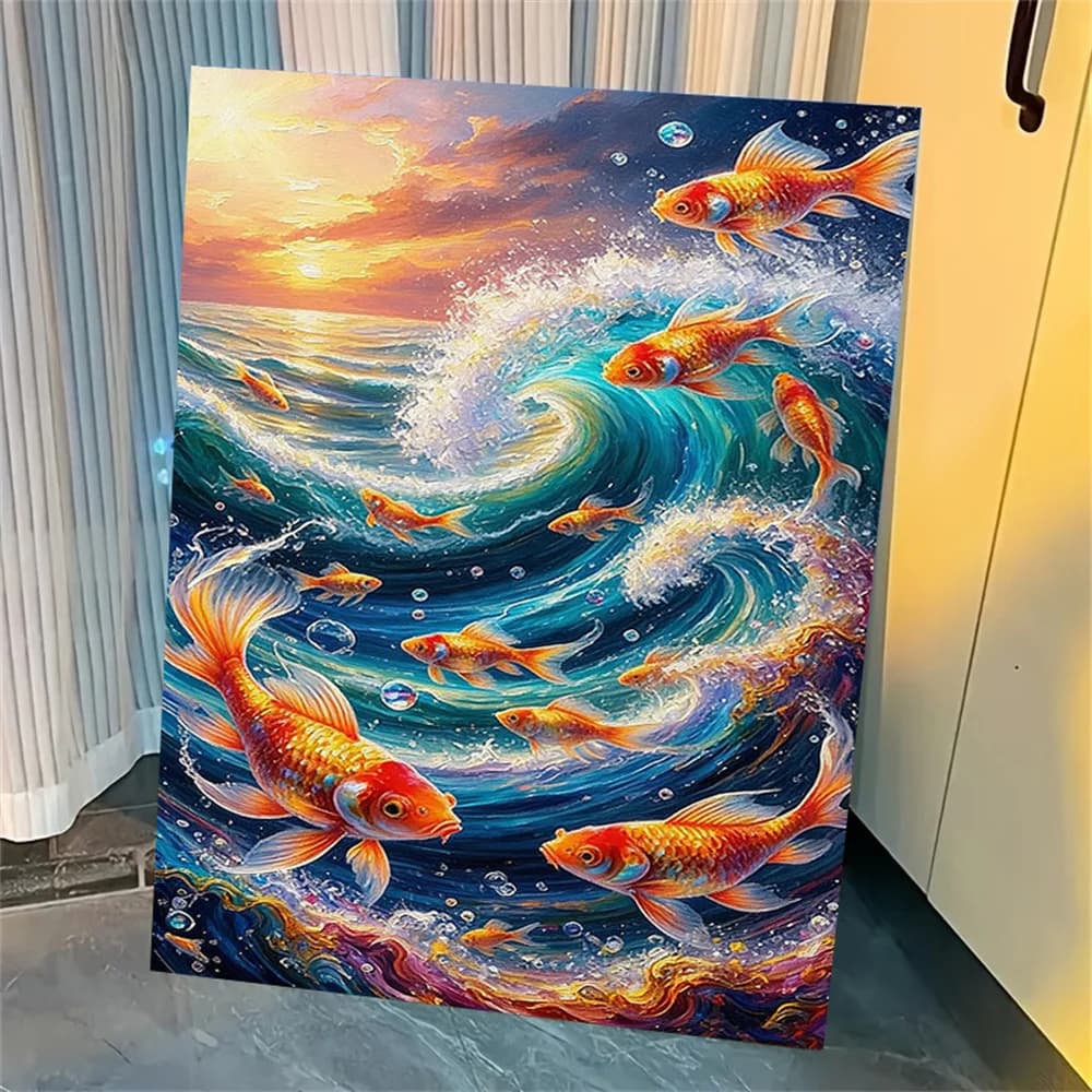 AZQSD Diamond Painting 5D, Kit Artistici con Strass, Immagini di Pesci Rossi, Fai da Te, Mosaico con Strass Quadrati e Rotondi, Onde Marine, Opera d'Arte per la Casa