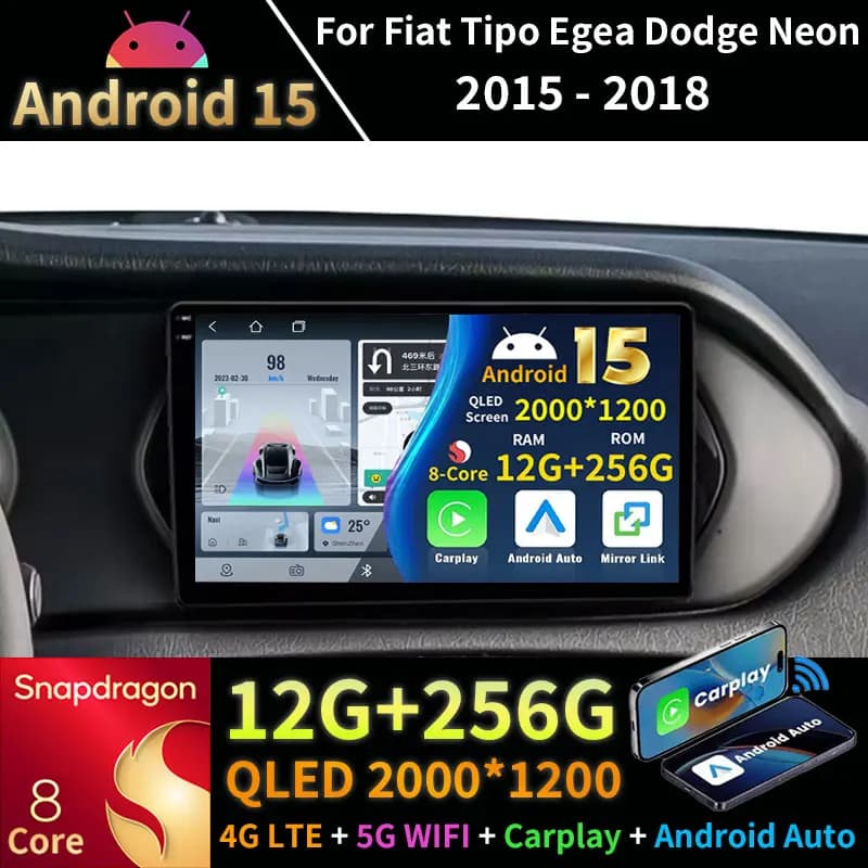 2K QLED Stereo Android 15 For Fiat Type Aegean Dodge Neon 2015-2018 Autoradio Video player Multimedia GPS 4G CarPlay 360 Camera BT