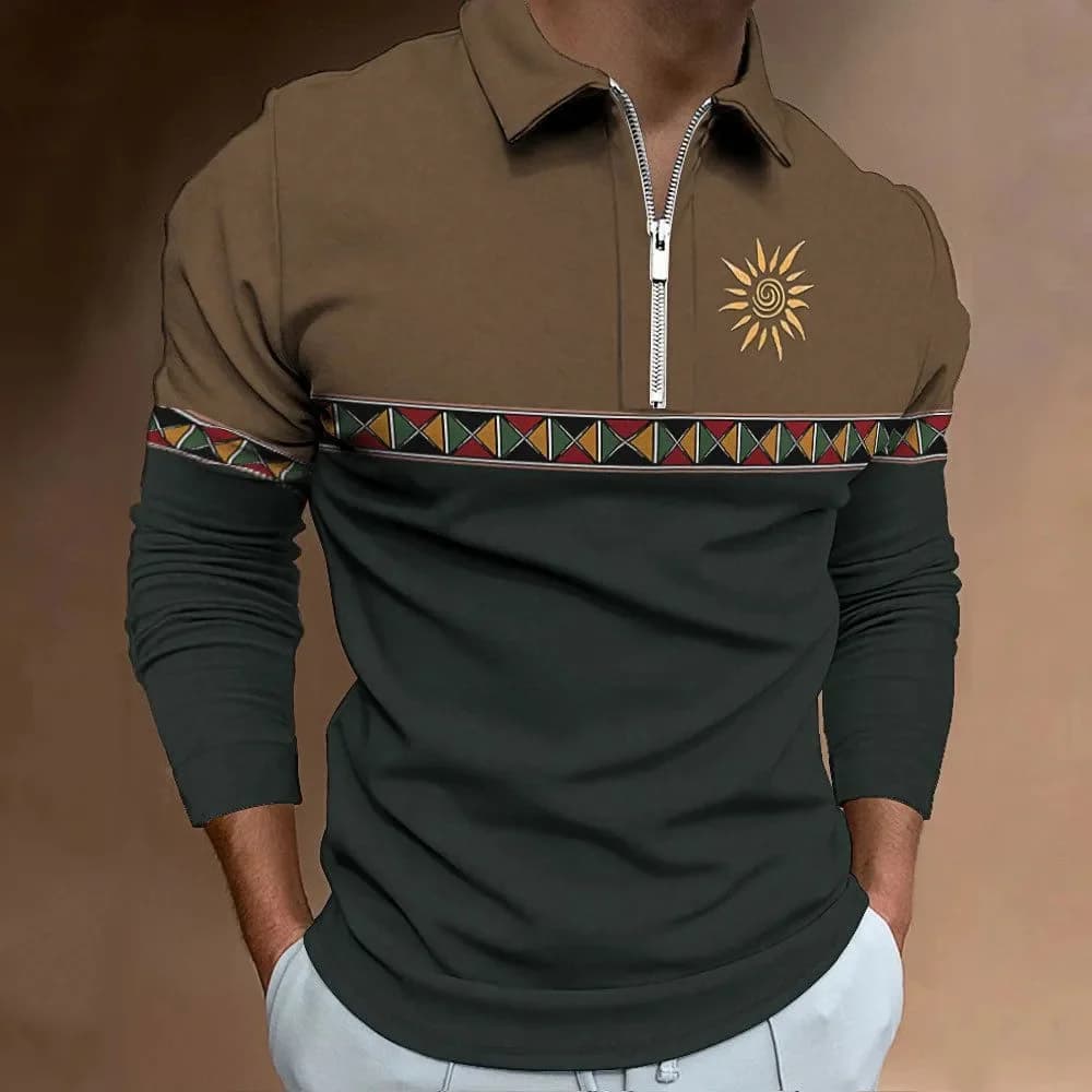 Polo da uomo Retro Color Blocking Stampa Moda Sport Risvolto Abbigliamento da golf T-shirt da uomo Top Abbigliamento casual a maniche lunghe con cerniera