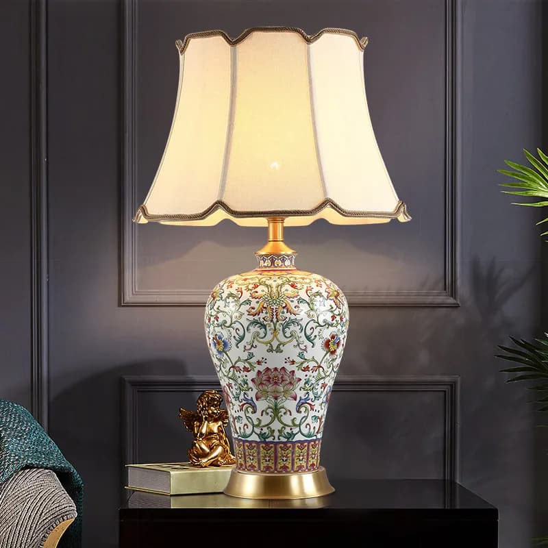 Lampade da tavolo a LED con base in ceramica con stampa americana di fascia alta Paralume in tessuto bianco Soggiorno Camera da letto Ristorante Lampada da scrivania per ufficio