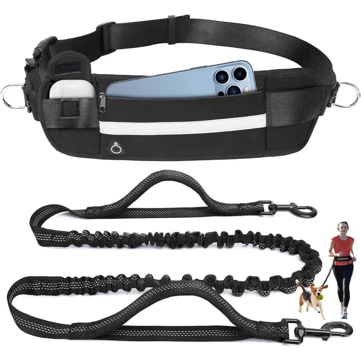 2in1 Hands Free Dog Leash Retractable Bungee Leash with Dual Padded Handle Waist Belt for Dogs Running Walking Jogging Training