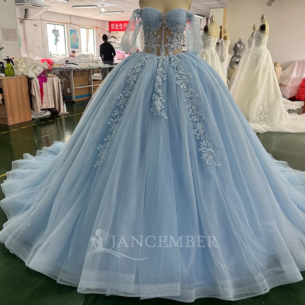 Abiti da ballo principessa blu Abiti Quinceanera Scintillanti scoop in pizzo Festa di compleanno Abiti da festa eleganti personalizzati