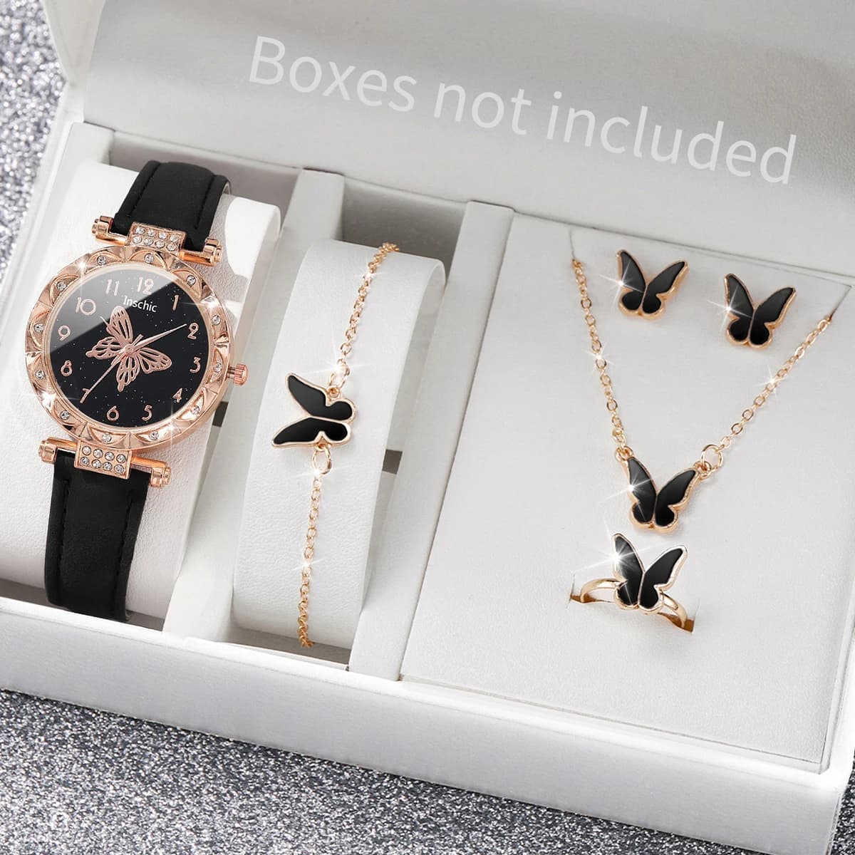 6 pezzi/set orologio da donna moda strass cinturino in pelle orologi al quarzo set di gioielli a farfalla (senza scatola)
