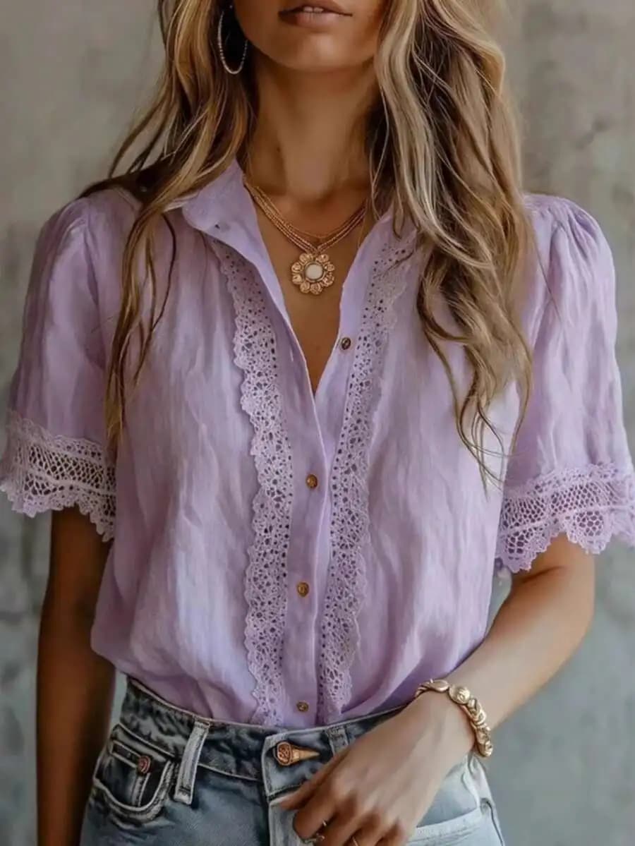 Camicetta a maniche corte con finiture in pizzo lavanda per donna, camicia casual estiva