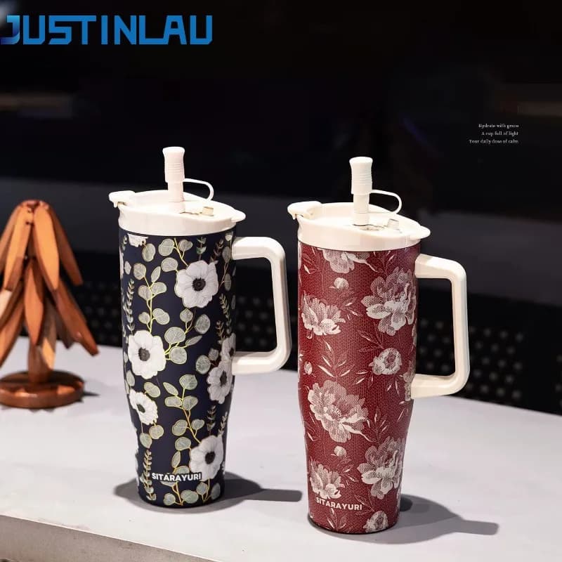 SITARAYURI 1200ML Thermos Tazza in acciaio inossidabile 304 Tazza di paglia Decal-Arte Boccette per vuoto per bevande calde e fredde Tazza termica per auto da viaggio