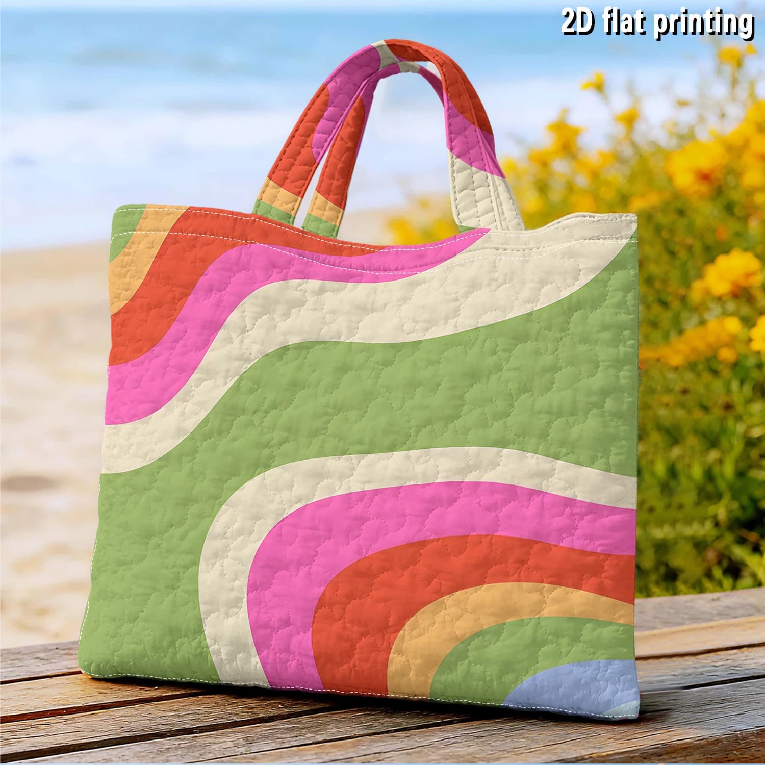 Pastel Curved Color Block Large Capacity Canvas Shoulder Bag Dual Side Print Tote Bag Daily Shopping Bag Fashion Gift Handbag