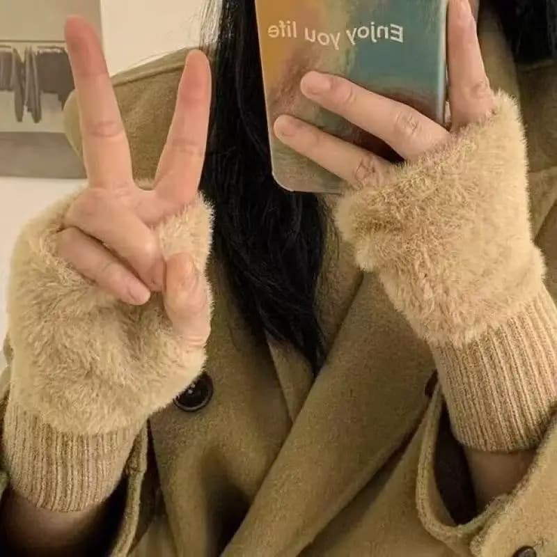 Autumn Winter Soft Mink Fleece Half Finger Gloves Women Plush Knitted Fingerless Gloves Wrist Mittens Driving Writting Gloves