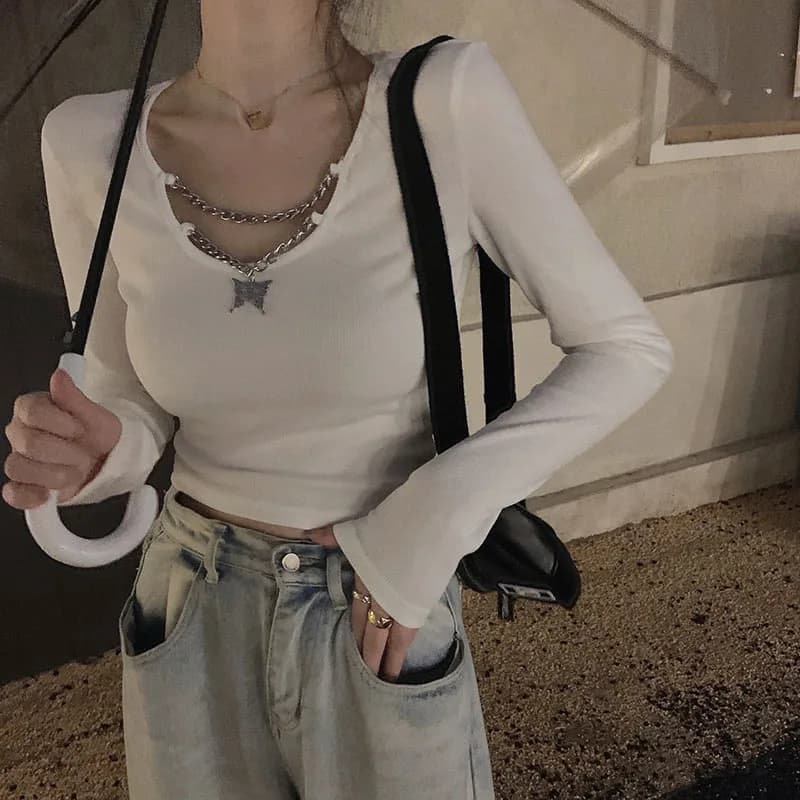 Spring Summer Women's Slim Fit Long Sleeve T-Shirt Chain Design Casual Top Trendy Base Shirt round Neck Commute Style