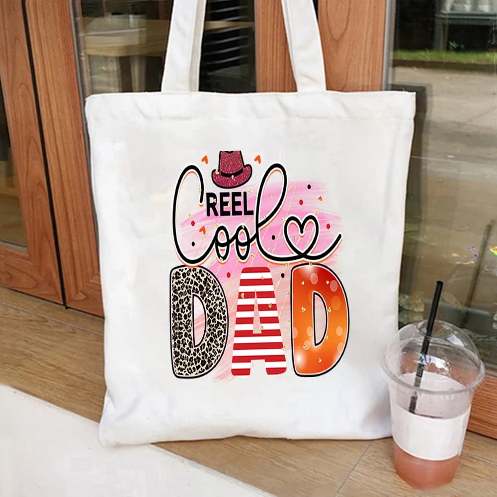 Leopard Stripe Reel Cool Dad Printed Canvas Tote Bag Reusable Shopping Handbag For Father’s Day Dad Daily Carry Bag
