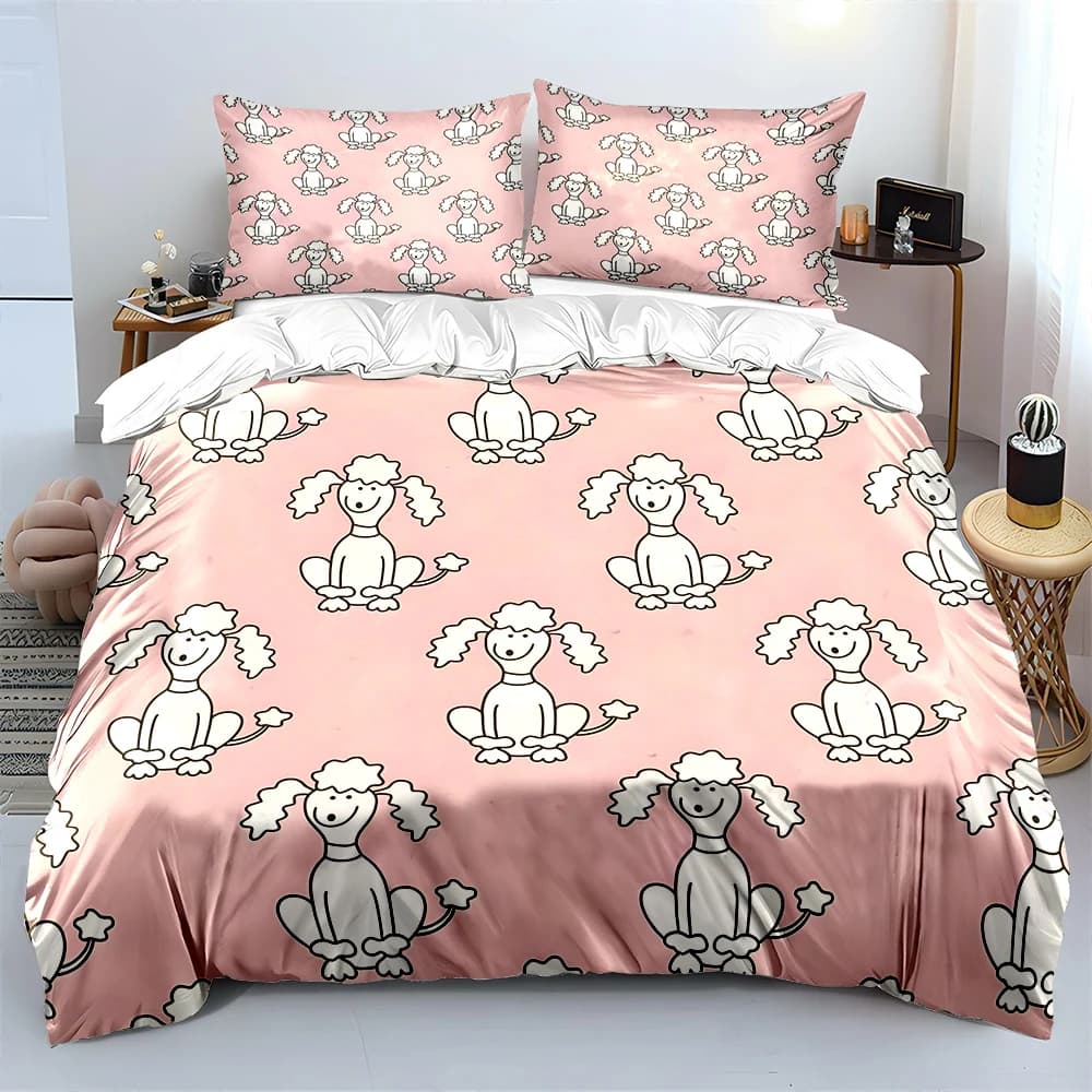 Set di biancheria da letto con stampa cane barboncino dei cartoni animati su sfondo rosa, 1 copripiumino, 2 federe per adulti e bambini, regalo di lusso, misura completa