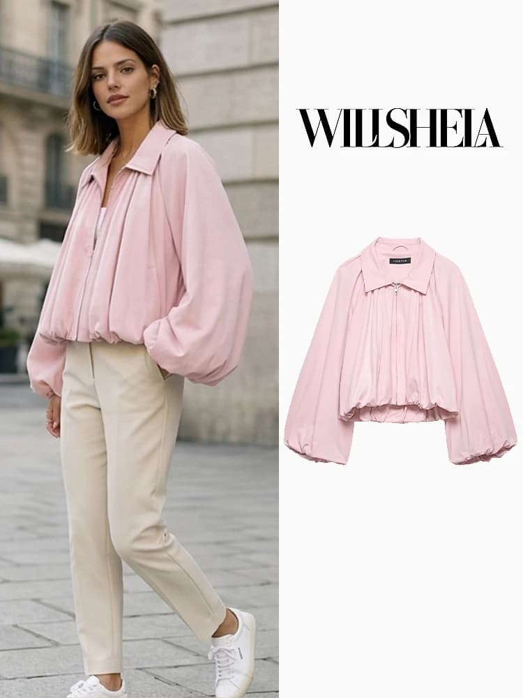 Willshela Large pleated bomber jackets with fashionable pink front zipper for women, with vintage revers neck, long sleeves, women's chic clothing