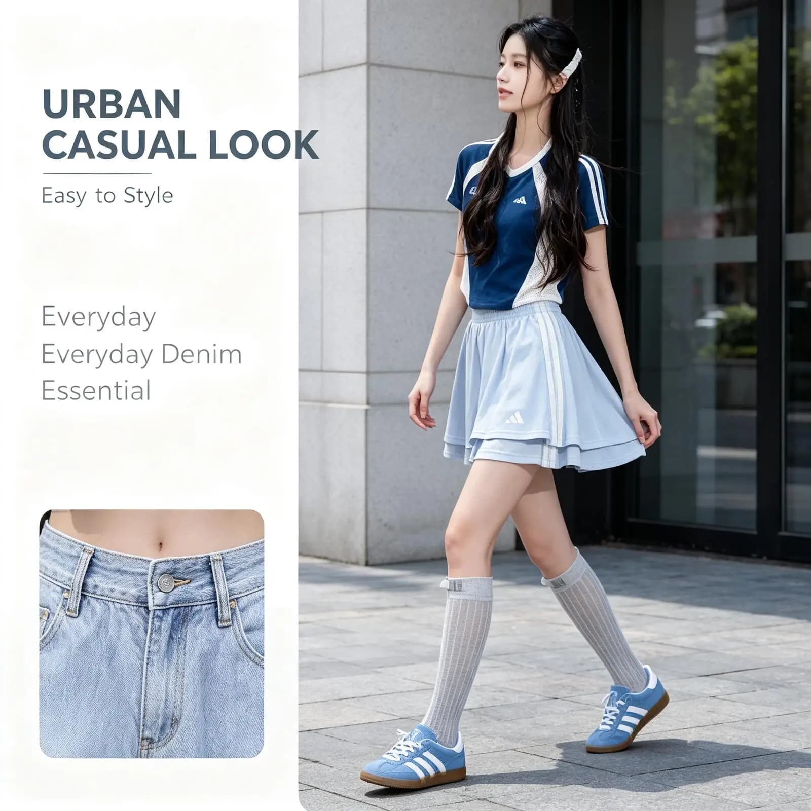 Adidas 2026 Hot Blue High Waist Denim Skirt Women A-Line Mini Skirt Button Fly Casual Daily Wear JY7633
