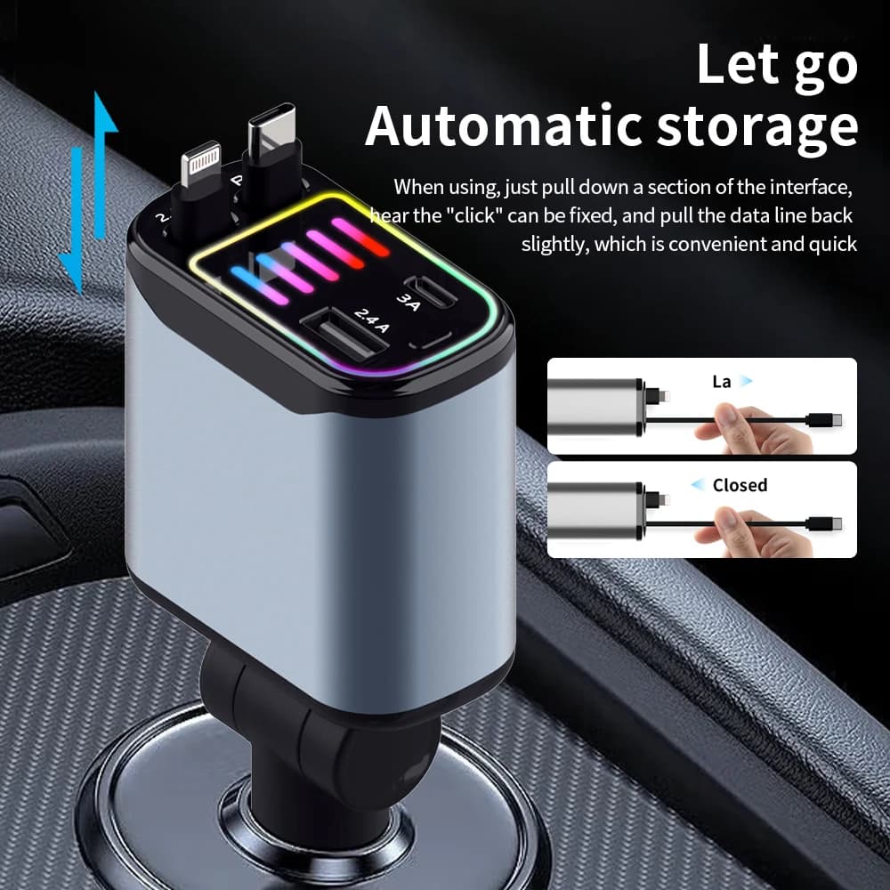 Car charger 4 in 1 from 66W, retractable cigarette lighter adapter with USB Type-C fast charging cable for iPhone, Xiaomi, Huawei, Samsung