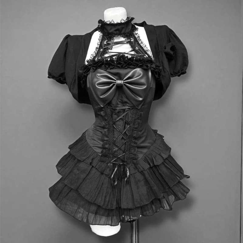 Giappone stile gotico Lolita gonna set donna punk nero cardigan corto fiocco in pizzo slash abito scuro vestito femminile Y2k sottile set da 2 pezzi