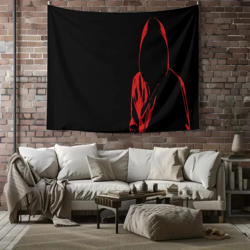 Red Hooded Figure Silhouette on Black Background Mysterious Gothic Wall Tapestry Machine Washable All Season Decor Print Home