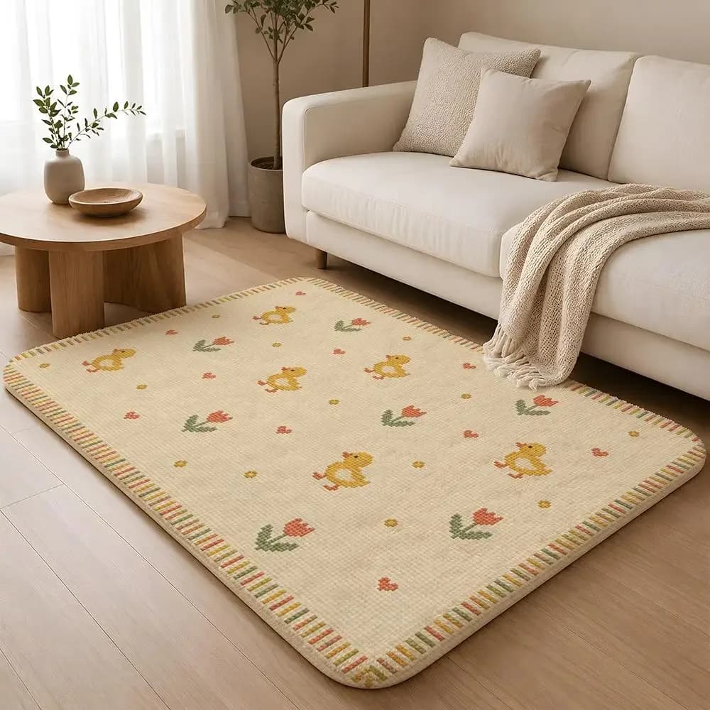 Whimsical Stitch Garden Floor Mat Machine Washable Soft Flannel Area Rug, Non-Slip Absorbent Floor Mat for Living Room Bedroom