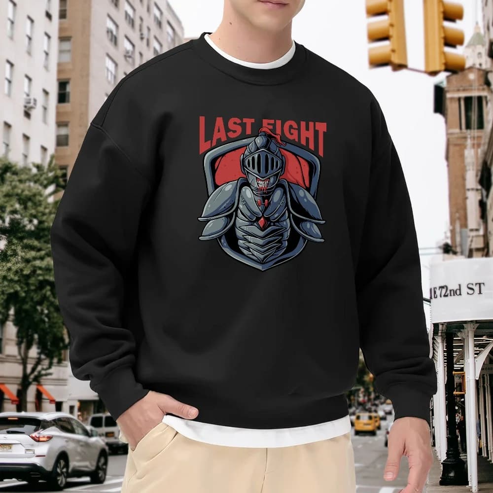 Men's Black Loose-Fitting Crewneck Sweatshirt with Knight Print, Street Fashion Brand Top, Casual Versatile Trendy Jacket, Comfortable Breathable Sporty Style