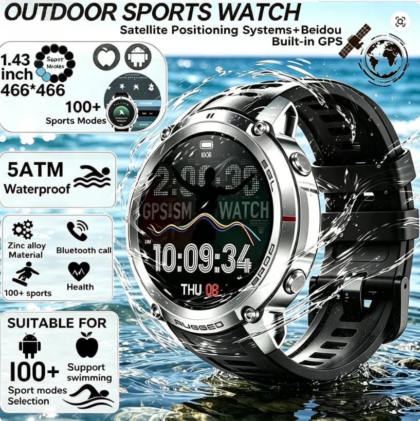 Smartwatch 2026 for Open Sports with Offline Map, Global Six Star GPS, Bluetooth Calls, 5ATM Waterproof, 500mAh Large Battery