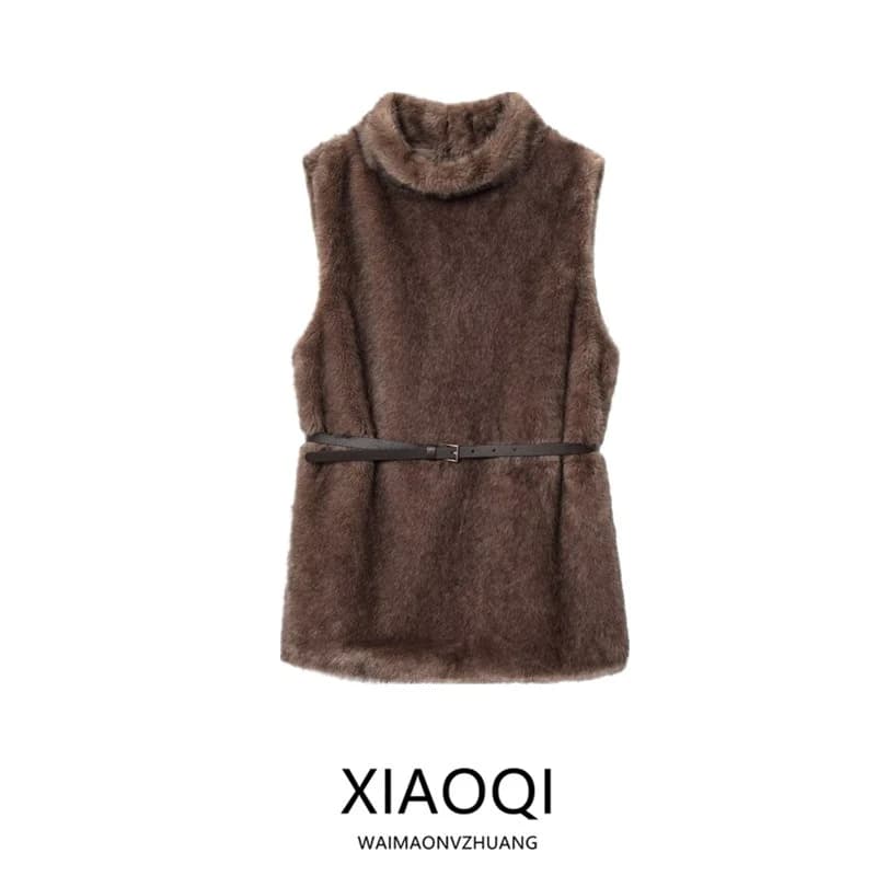 Gilet da donna alla moda con cintura e collo alto, stile Old Money, lunghezza media, per l'ufficio, Nuova Collezione Autunno 2025