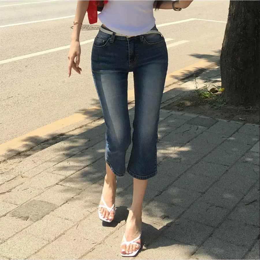 Nimo Home Low Waist Denim Jeans Casual Style Water Washed Slim Fit Elastic Seven-Foot Pants mid Stretch Regular Thickness