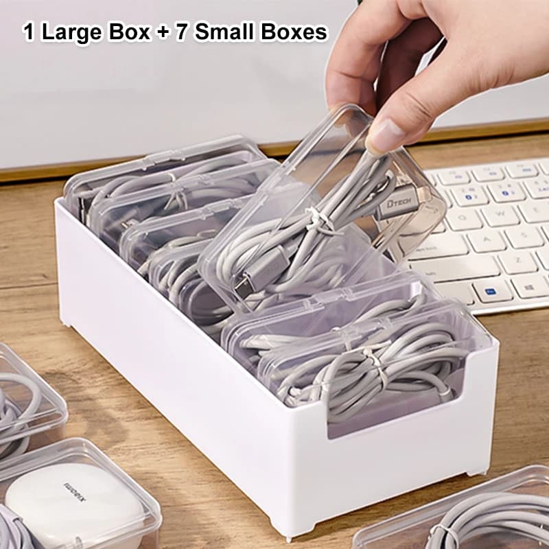 Scatola trasparente per cavi dati con 7 piccole scatole con scomparti, scatola organizer antipolvere per caricabatterie, per ufficio e casa