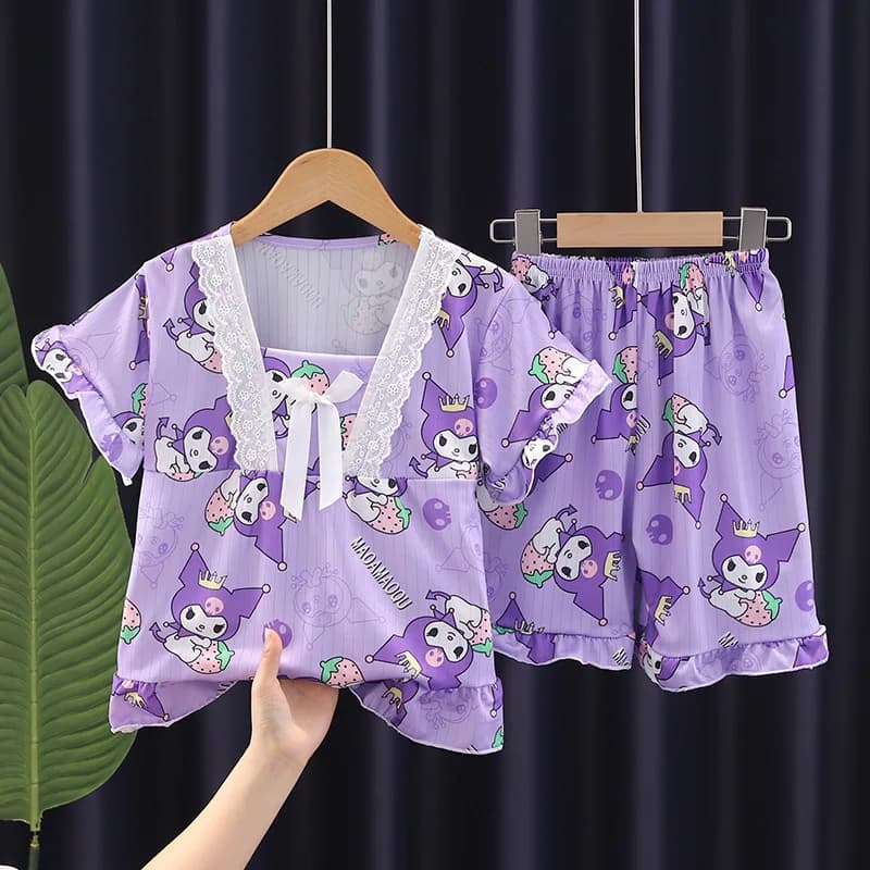 Pigiama estivo per bambini con cartoni animati di Anime Hello Kitty, pigiama carino in pizzo a maniche corte, pantaloncini con collo quadrato, pigiama sottile, set da casa