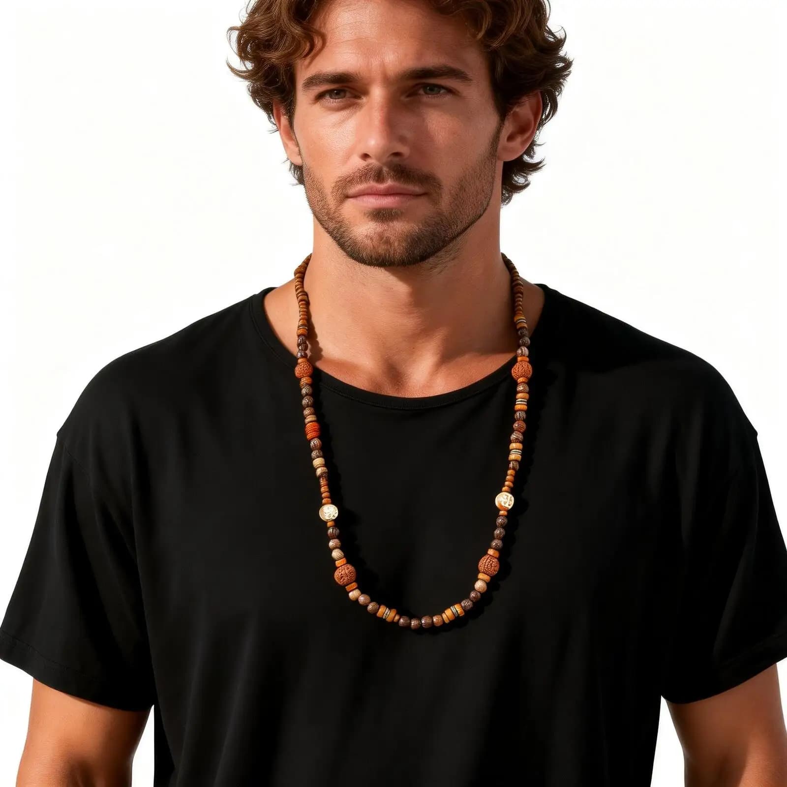 Men's Wood Beaded Long Necklace,Vintage Ethnic Layered Long Chain Collars,Summer Bohemian Jewelry Gift