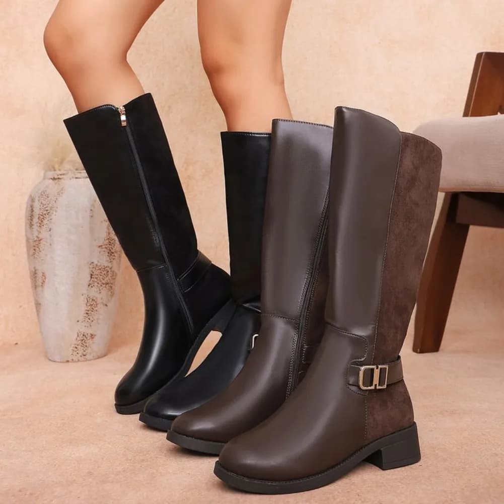 2026 New Retro Style Solid Casual Women's Knee Boots Fashionable Buckle Strap Versatile Mid Heel Comfortable Casual Women Shoes