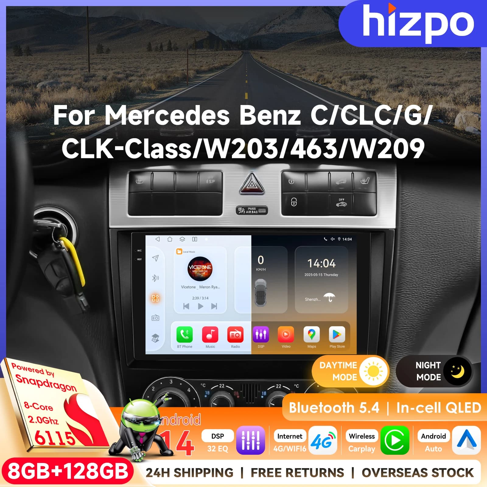 Hizpo 9" Carplay Elettronico Wireless per Mercedes Benz CLC W203 C180 C200 CLK200 CLK W209 Schermo Multimediale Smart Player WiFi BT