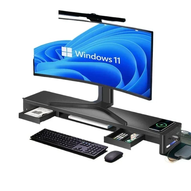 Deer computer support, with double layer extendable drawer and raised frame for monitor