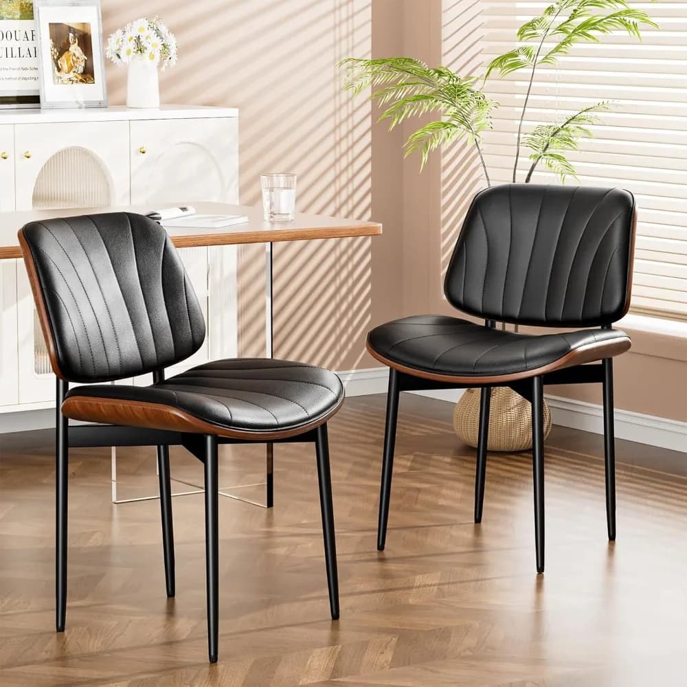 Set di 2 sedie da pranzo, sedie per sala da pranzo e cucina, legno curvato in noce e gambe in metallo, nero