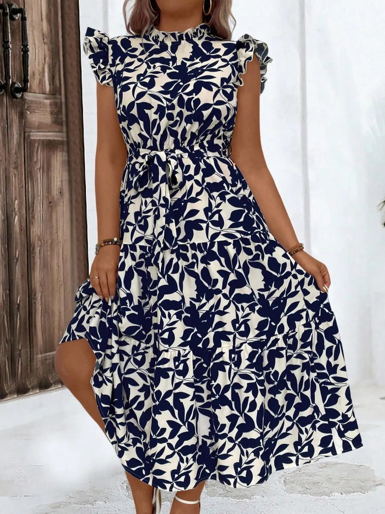 Waist dress with bow belt with floral print strong sizes, high waist trapeze dress with butterfly sleeves Boho for beach holidays, Wom
