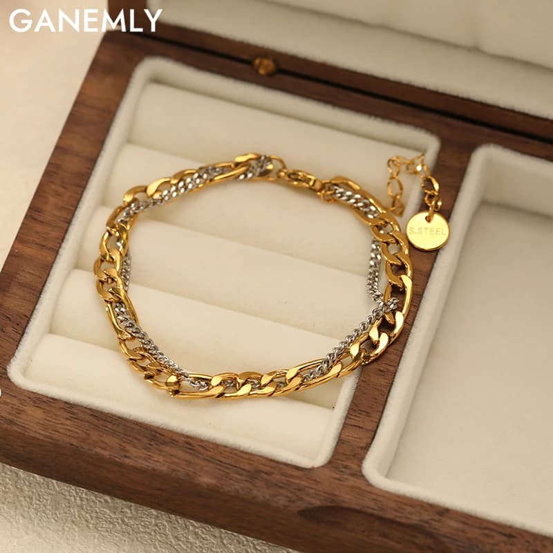 GANEMLY Bracciale a catena in acciaio inossidabile 316L color oro per donna, catena da polso punk, accessori di gioielleria impermeabili