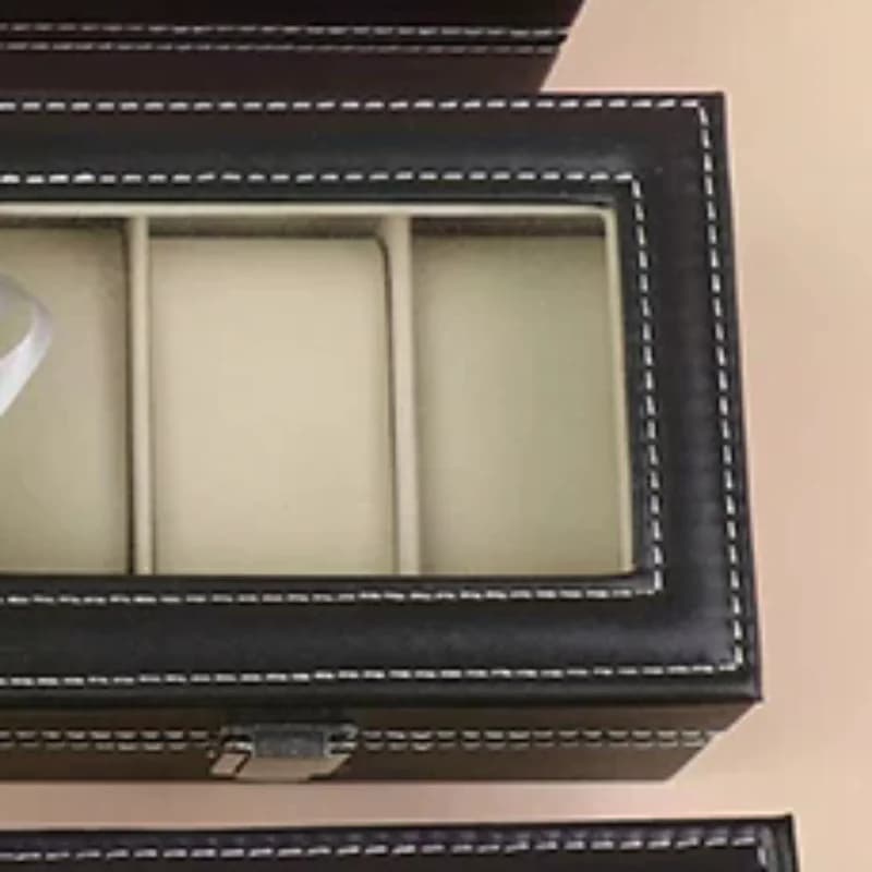 1 black PU leather watch case, organizer with glass lid with frame and removable cushion for men and women