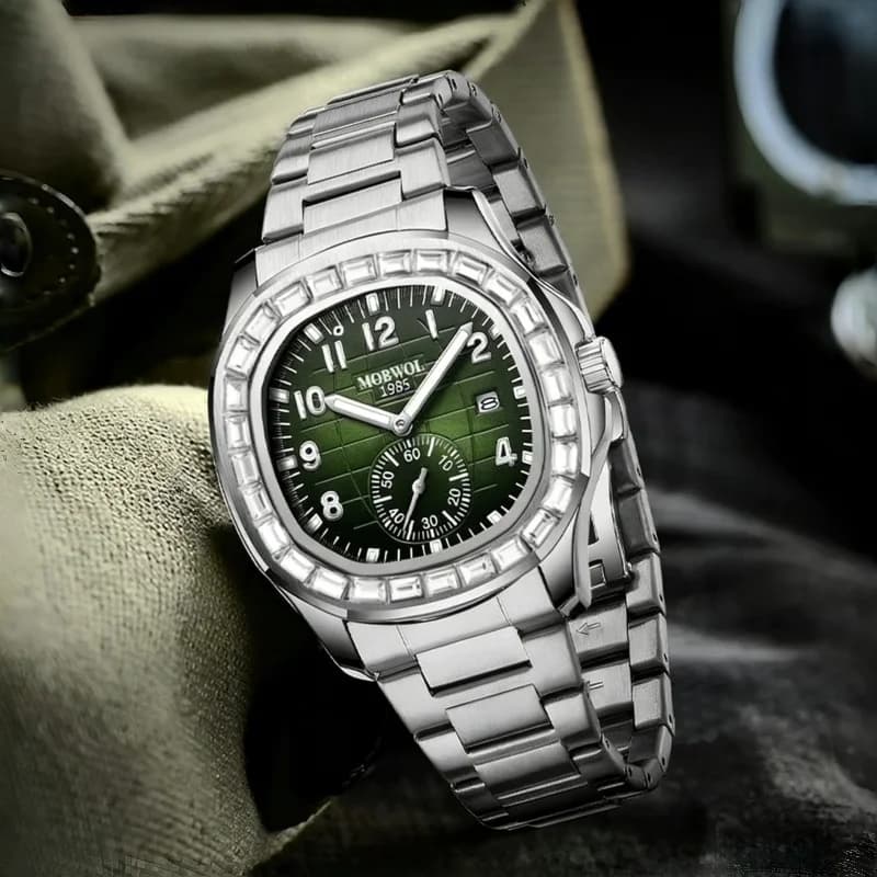 MOBWOL Nuovo orologio da uomo classico con calendario digitale e cinturino in acciaio di lusso tempestato di diamanti