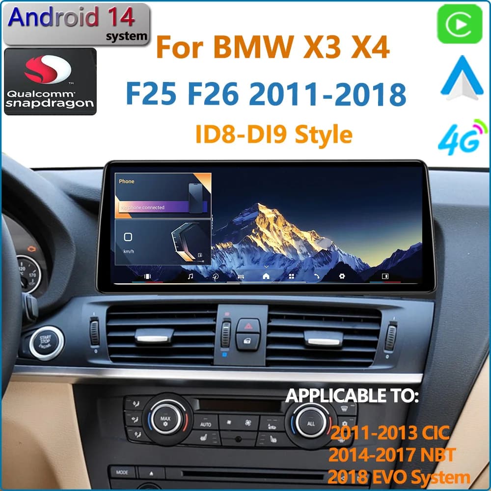 Ultra Narrow Android14 Qualcomm Per BMW X3 F25 X4 F26 2011-2018 NBT Wireles Carplay Autoradio Lettore Multimediale di Navigazione GPS