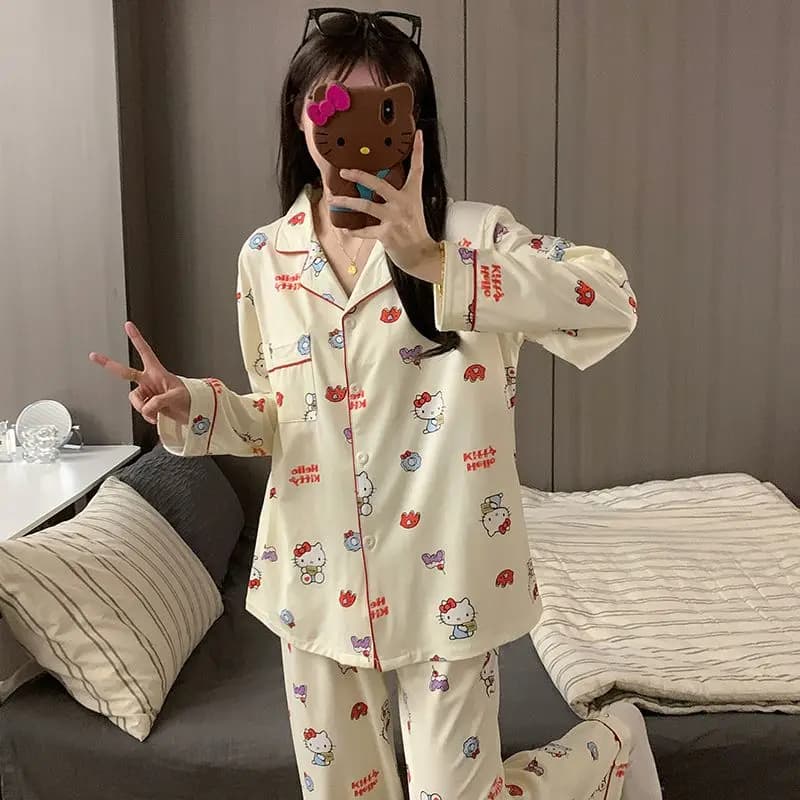 Pigiama in Cotone per Donna con Colletto e Cardigan, Stile Anime Hello Kitty, Leggero e Comodo per Primavera e Autunno