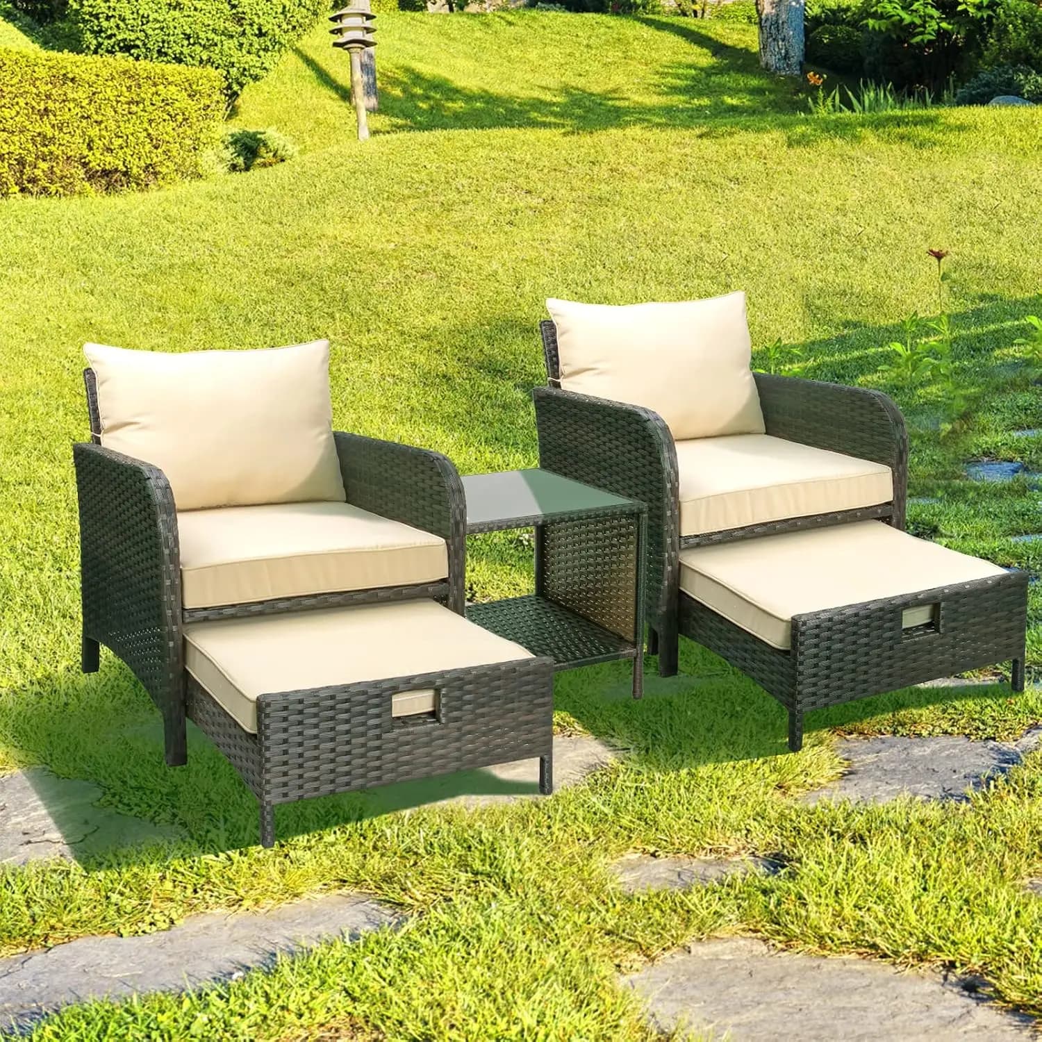5 Piece PE Wicker Rattan Balcony Conversation Set, Outdoor Lounge Chairs with Soft Cushions & 2 Ottomans, Custom