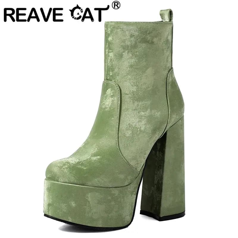 REAVE CAT Stivaletti femminili alla moda Punta tonda Flock Pelle scamosciata Tacco grosso 14 cm Piattaforma Hill Big Size 45 46 Incontri sexy Bota