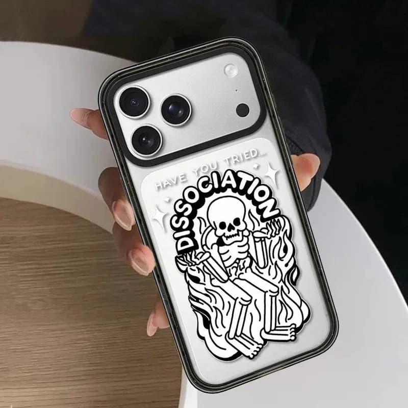 Gothic Skeleton Dissociation Slogan Flame Graphic Print Phone Case Black Bumper Clear TPU Shockproof Protective Back Cover For iPhone 17 16 15 14 13 Pro Max