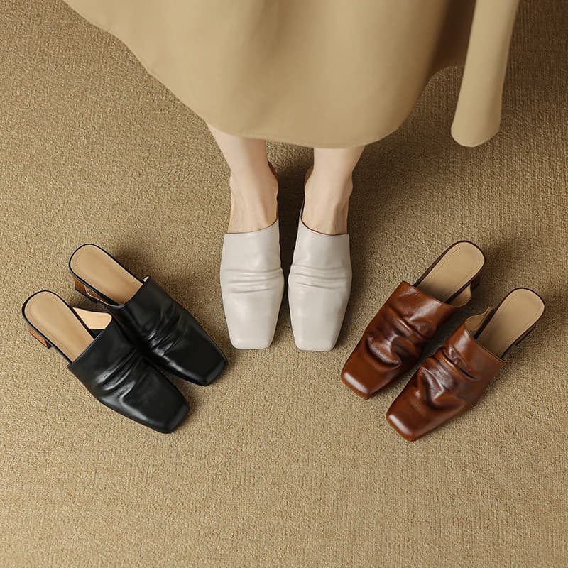 2026 summer women sandals natural leather plus size 22-25cm cowhide+sheepskin+pigskin square toe mules high heel women slippers