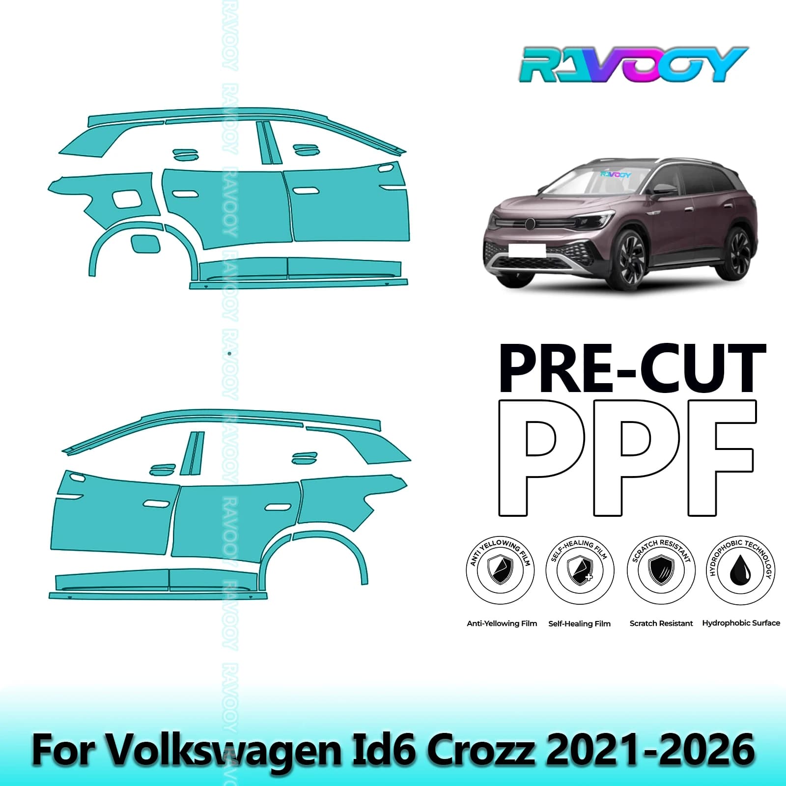 For Volkswagen Id6 Crozz 2021-2026 8.5mil Transparent Pre-Cut PPF Door and Pillar A/B Kit TPU Paint Protection Film Set