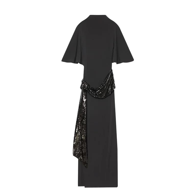 Abito da donna 2025 Inverno Nuova cintura nera a maniche corte decorata con paillettes Abito midi alla moda Elegante ed elegante