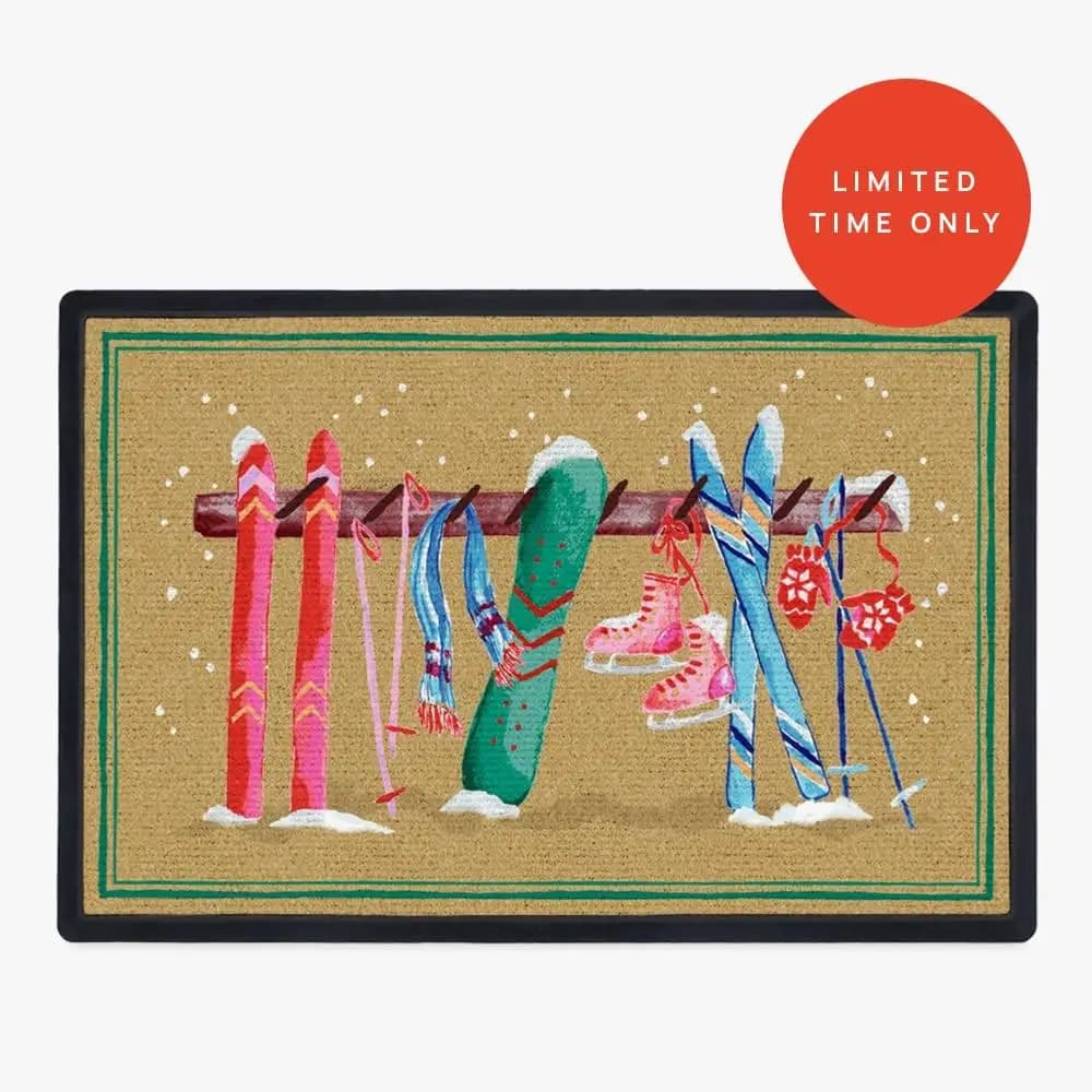 Welcome Doormat Winter Skiing Snowboard Printed Rug Rectangle Entrance Carpet Non Slip Ice Skates Cabin Floor Mat