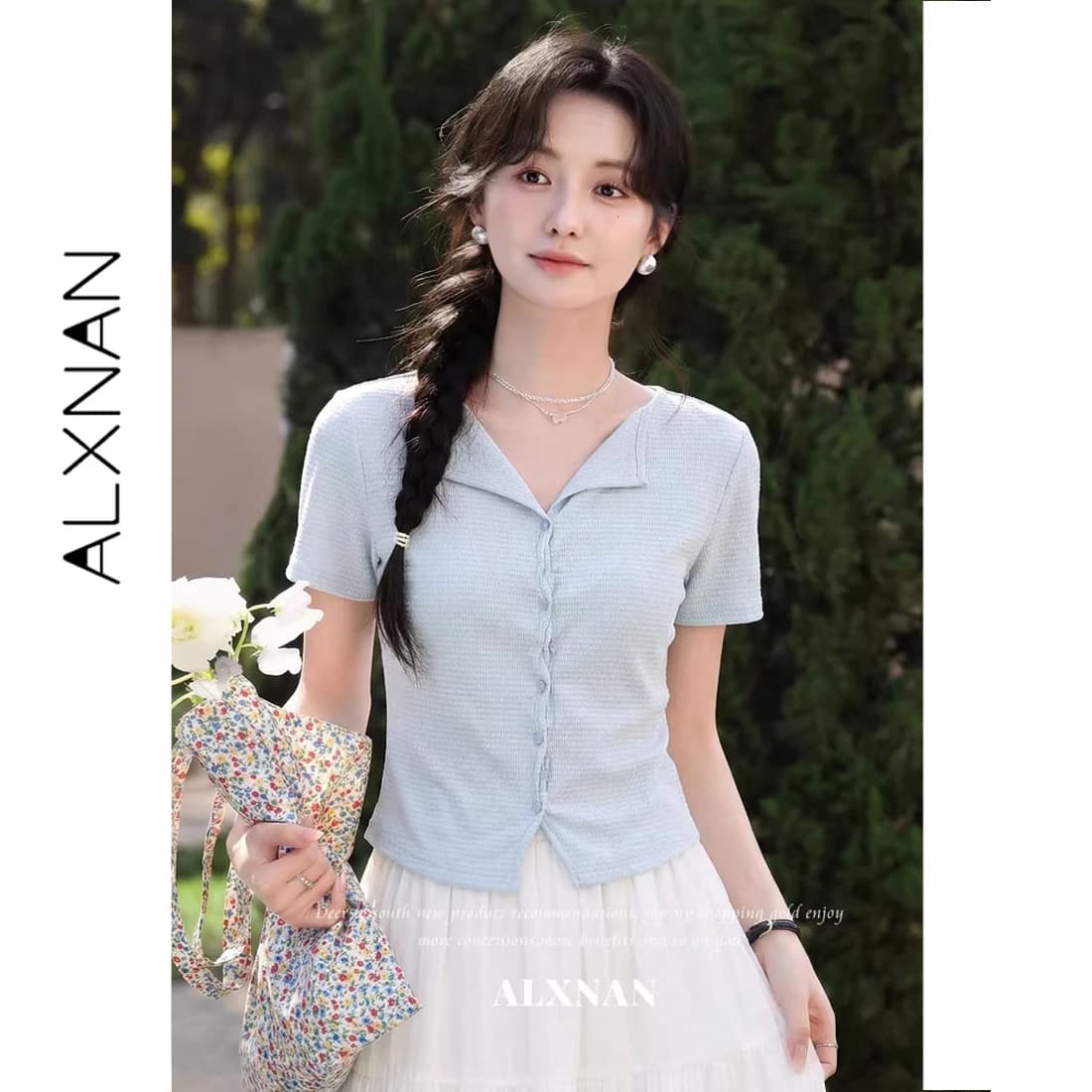 ALXNAN Women's Blue T-shirt 2026 Summer Casual V-neck Short Sleeve Tees Elegant Slim-fit Basic Fashion Female Clothing L63117