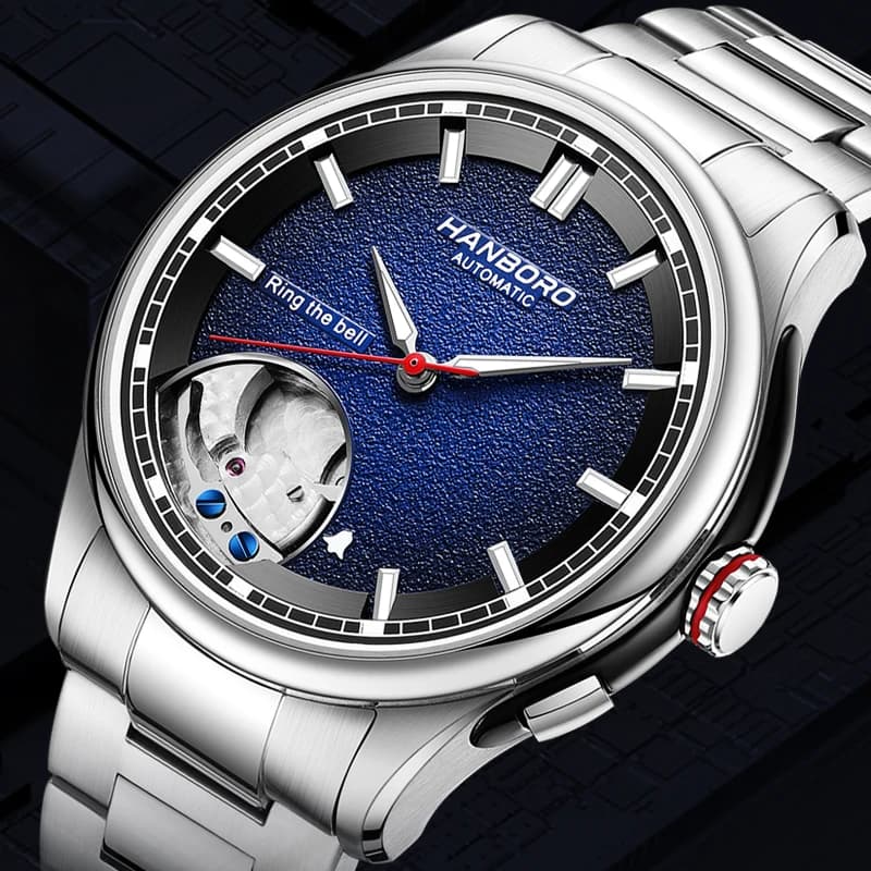HANBORO Orologio automatico da uomo 41,5 mm Allarme Orologio da polso meccanico Anello The Bell 5ATM Zaffiro impermeabile Quadrante scheletrato luminoso