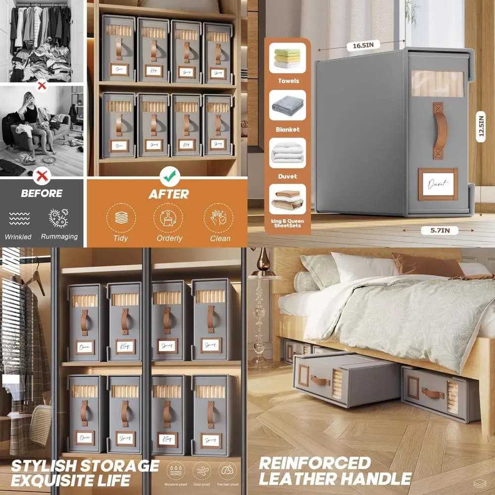 Organizzatore per Lenzuola Cal King Size Grigio con 6 Tasche, Manici in Pelle e Finestra Trasparente per Conservazione Biancheria
